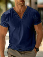 Men's T-Shirt Cotton V Neck Henley Button