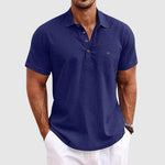 Short Sleeve Linen Polo Shirt Men Linen Horn Button Chest Pocket Relaxed Fit