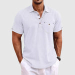 Short Sleeve Linen Polo Shirt Men Linen Horn Button Chest Pocket Relaxed Fit