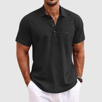 Short Sleeve Linen Polo Shirt Men Linen Horn Button Chest Pocket Relaxed Fit