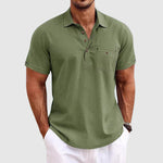 Short Sleeve Linen Polo Shirt Men Linen Horn Button Chest Pocket Relaxed Fit