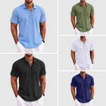 Short Sleeve Linen Polo Shirt Men Linen Horn Button Chest Pocket Relaxed Fit